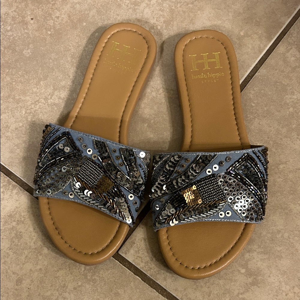 Haute Hippie Black and Silver Sequin Sandals